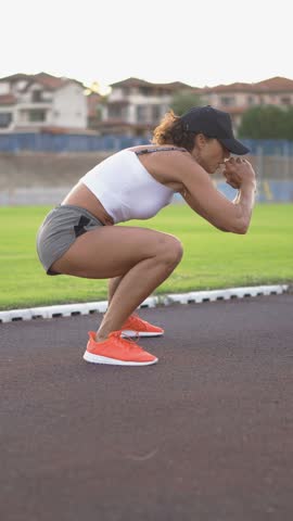 Fit woman in white top and shorts doing squat exercises on an outdoor track, demonstrating strength and determination. Morning light highlights her active lifestyle and dedication to health