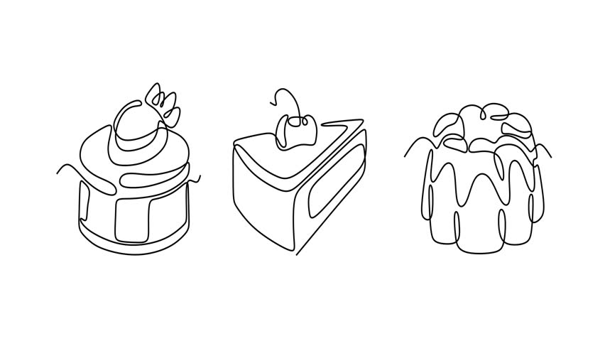 Animated self drawing of continuous line draw. Silhouette of  Line Art Desserts Cake, Cheesecake Slice, and Pudding. Full length one line animation. 4K