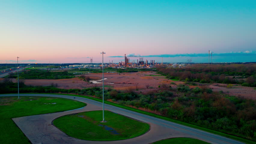Marshland reeds and reflective water pools at dusk, fragile wetland ecosystem set against an industrial refinery backdrop under soft evening light. Illinois, USA