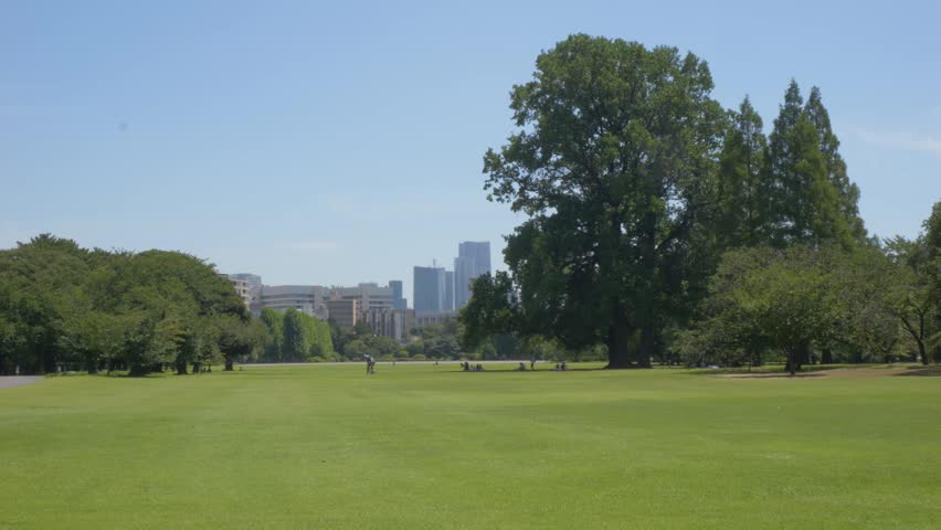 Expansive Green Lawns And Trees At Shinjuku Gyoen National Garden With Modern Tokyo Skyline In The Background In Japan. - wide shot
