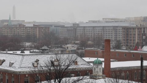 Aerial View of Monument Memorial, Snow Storm in Washington DC, Federal Buildings
