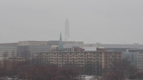 Aerial View of Monument Memorial, Snow Storm in Washington DC, Federal Buildings