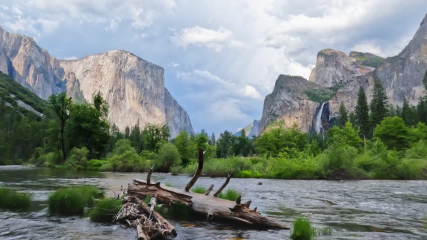 Beautiful view of Yosemite Valley featuring granite cliffs, waterfalls, forest landscapes, mountain scenery, and pristine wilderness in Yosemite National Park, California.