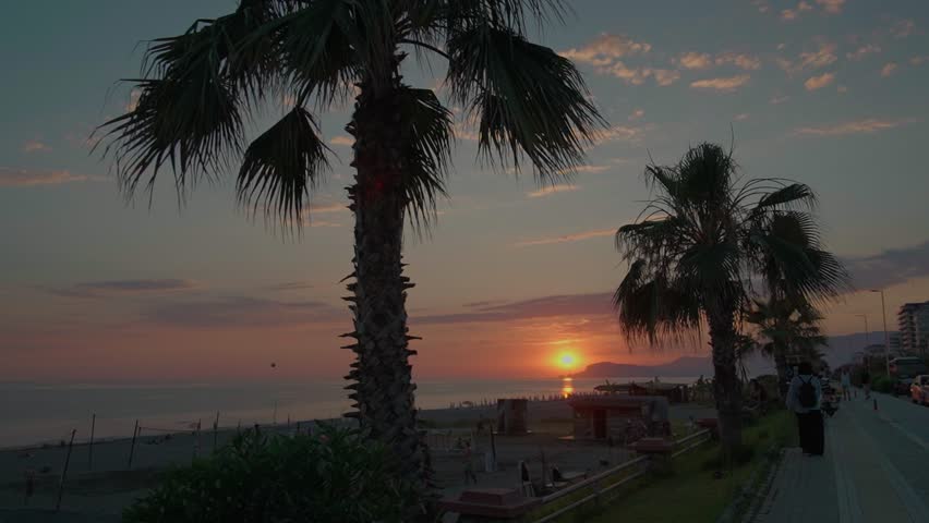 People walk along a palm tree-lined promenade and play volleyball on the beach as the sun sets over the ocean in the evening.
