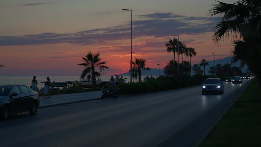 People walk along a coastal promenade lined with palm trees as cars drive past during a vibrant sunset.
