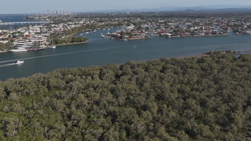 Mangrove Forest And Winding River In Paradise Point, Gold Coast, QLD, Australia. - aerial shot