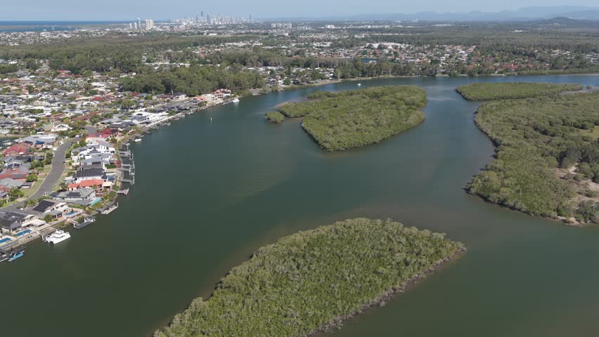 Winding Waterways And Dense Mangrove Forest In Paradise Point, Gold Coast, QLD, Australia. - aerial shot
