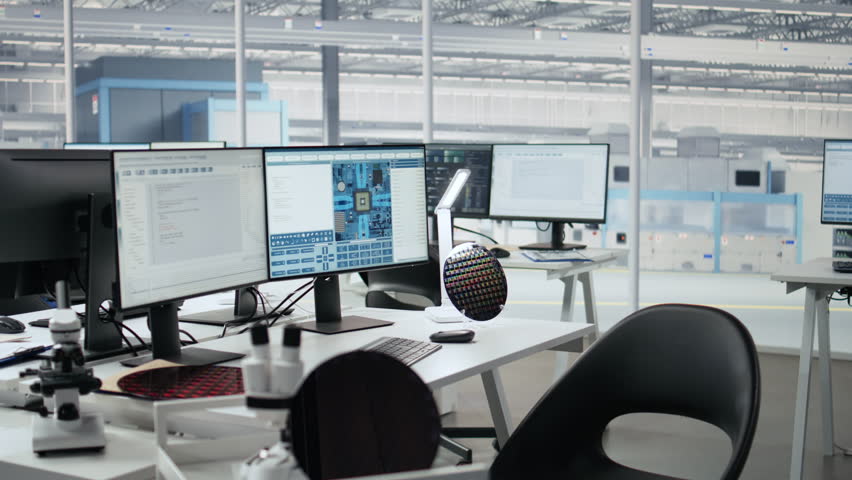 Microchip factory research office with digital workstations used to inspect processor layout.