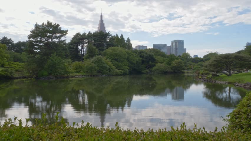 Shinjuku Gyoen National Garden Pond With NTT Docomo Yogogi Building In The Background In Tokyo, Japan. - wide static shot