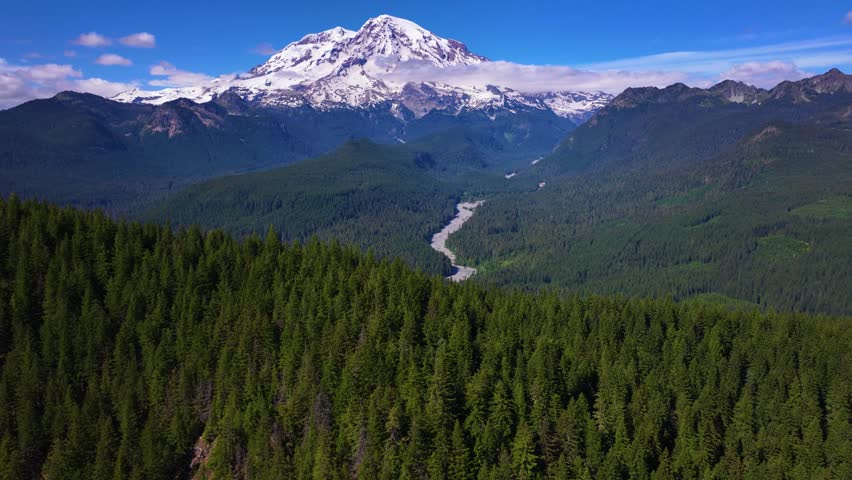 Aerial View Of Mount Rainier And Winding River Valley