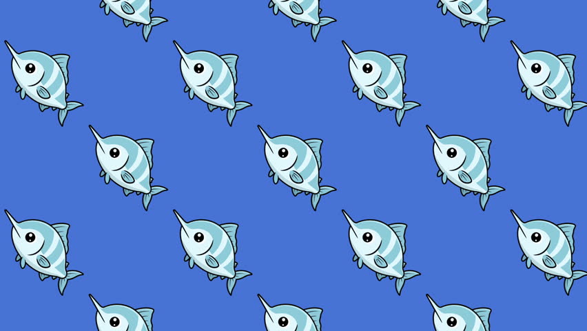 A pattern of cartoon blue fish with big eyes on a solid blue background.