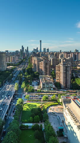 Time-lapse view of street scenes along the inner city roads of Beijing, China, overlooking the Guomao business district.