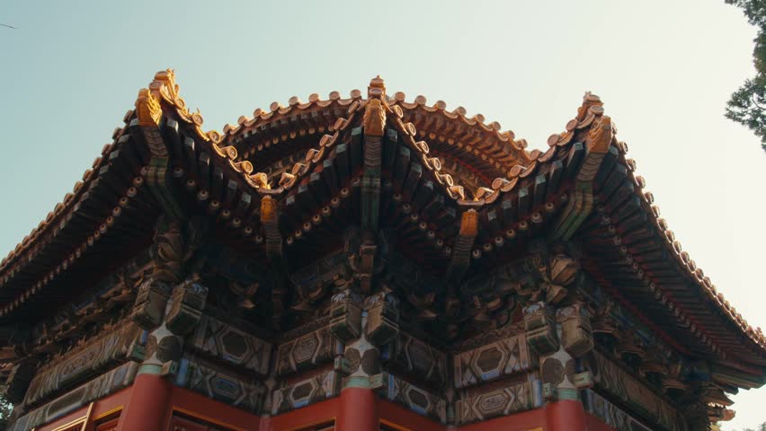 Beijing Forbidden City Imperial Pavilion Circular Roof with Complex Dougong Wooden Brackets Close Up