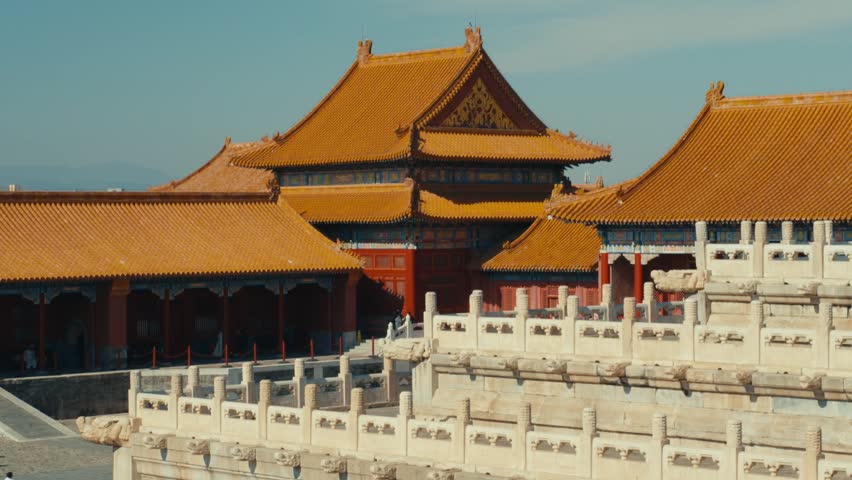 Beijing Forbidden City Imperial Pavilion Architecture View with Yellow Tiled Roofs and White Marble Terraces
