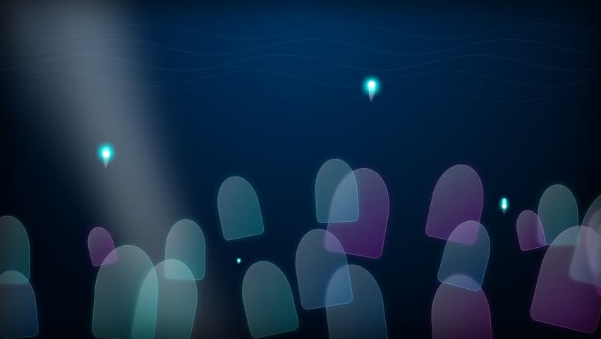 Abstract digital art featuring translucent, rounded shapes resembling a crowd. A spotlight illuminates the scene against a dark blue background with scattered bokeh lights. Motion is subtle, suggesting a gentle drift.