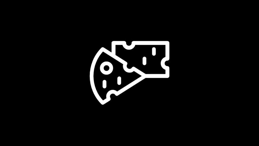 Two stylized pieces of cheese, one triangular with holes and another rectangular, rendered in clean white outline on a solid black backdrop