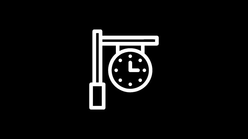 A minimalist white line drawing of a classic double-sided station clock hanging from a pole, perfect for representing time or travel concepts