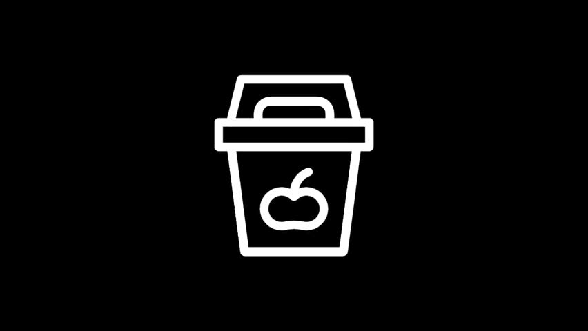 A minimalist white outline of a portable lunch container featuring a stylized apple graphic, set against a stark black backdrop for clear visibility