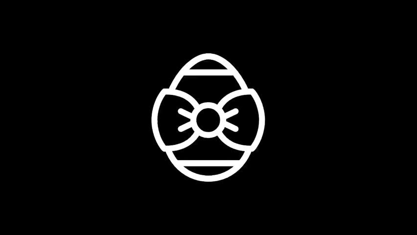 A minimalist graphic illustration of an Easter egg adorned with a bow tie and horizontal stripes, presented in a clean white outline against a solid black backdrop
