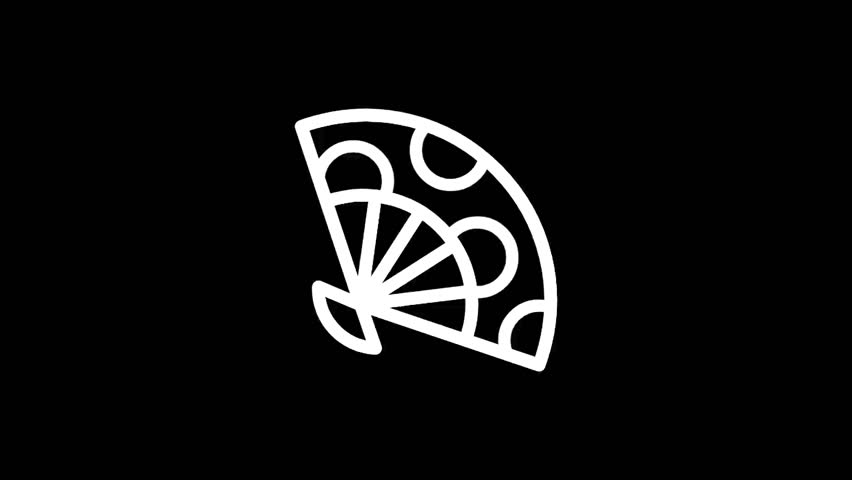 A minimalist line drawing depicts an open folding fan with circular embellishments and subtle wavy lines suggesting movement