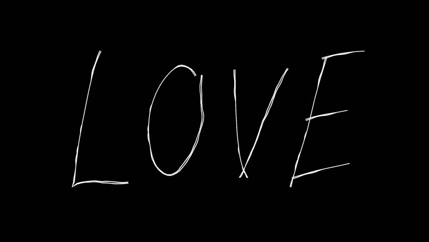Doodle line art letters of "LOVE". Hand-drawn icon video with moving lines. Looping 4K animation. Decorative stamp of a picture drawn freehand with a white pen on a black background.