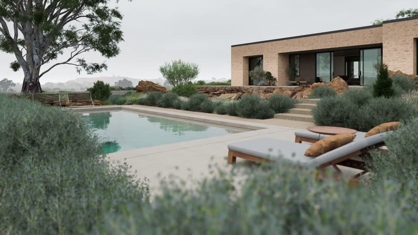 Middle point shows modern flat roof home beside calm pool, stone steps, lounge chair, shrubs, trees, and muted daylight in quiet landscaped outdoor setting. 3D Illustration