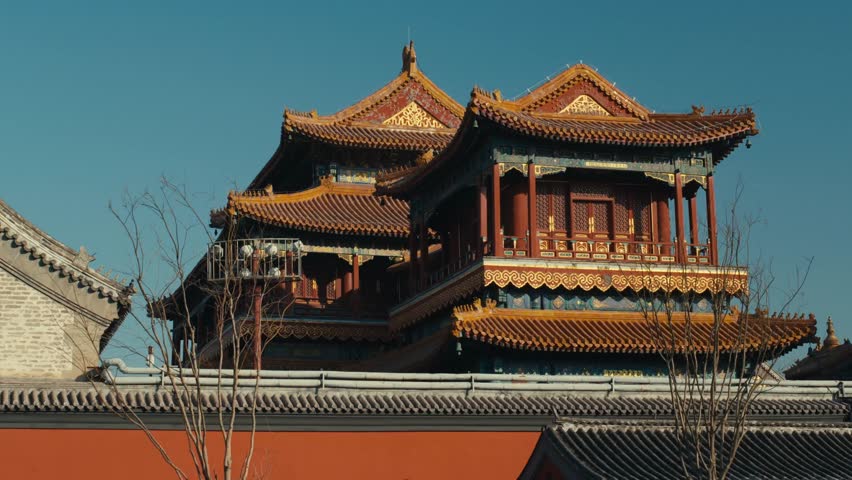 Beijing Yonghe Lama Temple Imperial Pavilion with Tiered Yellow Glazed Roofs and Red Columns