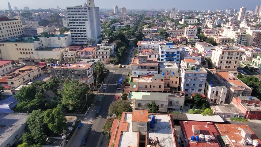 Aerial view of the Vedado neighborhood with its mix of historic and modern buildings, streets, and urban density in Havana, Havana, Cuba.