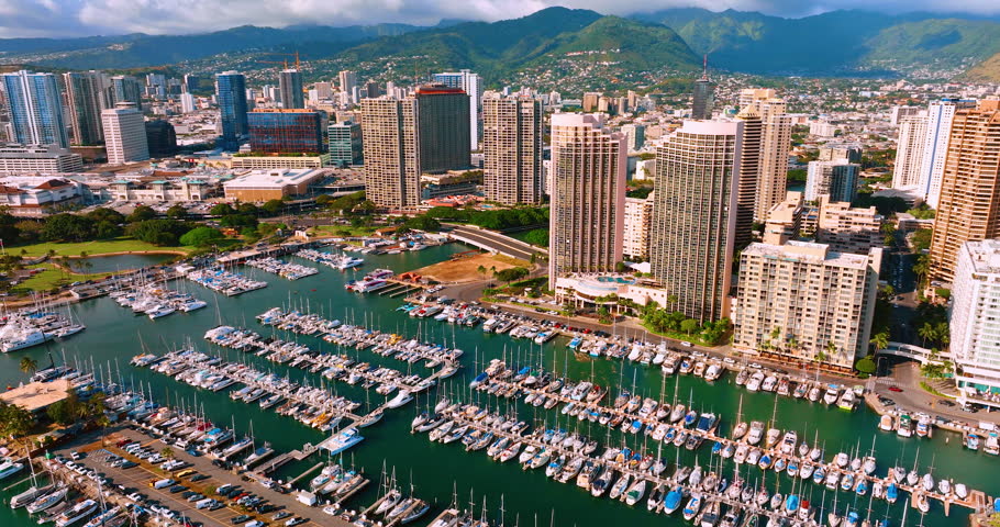 Ala Wai boat harbor with Honolulu skyline and Ko