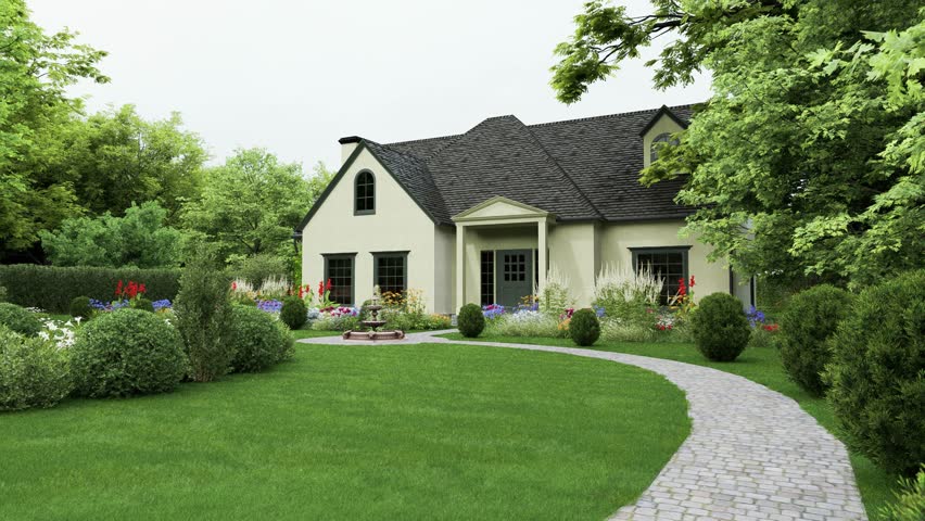 Elegant suburban home with manicured green lawn, curved stone path, blooming garden borders, trimmed shrubs and leafy trees in bright daylight. 3D Illustration