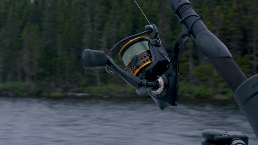 Close-up of fishing gear aboard a moving boat with boreal forest lining the shoreline