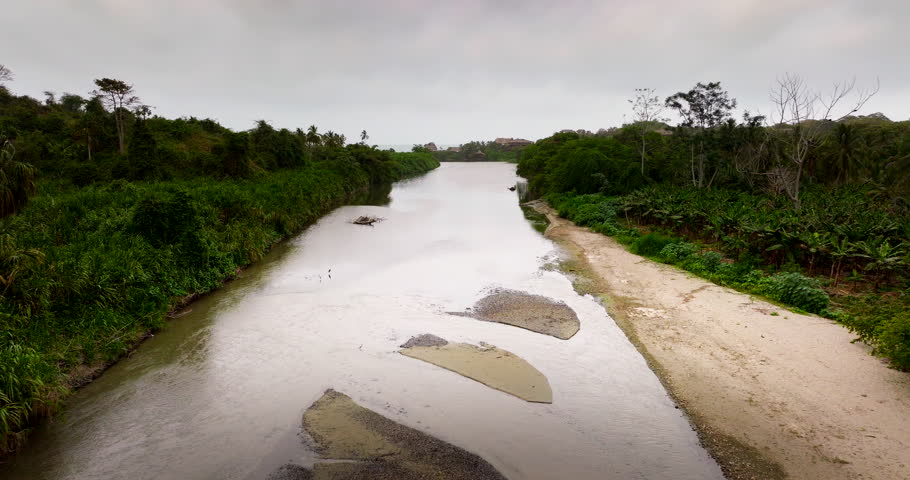 Remote Tropical Landscapes, Riverbank Vegetation, Wilderness Habitats, Idyllic Sunset Scenery, Rio Piedras Los Naranjos Colombia, Aerial