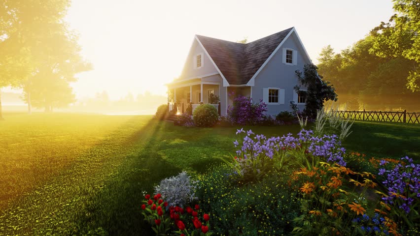 A small house with a porch sits in a lush green yard surrounded by blooming flowers, trees, and a wooden fence under warm sunset light. 3D Illustration