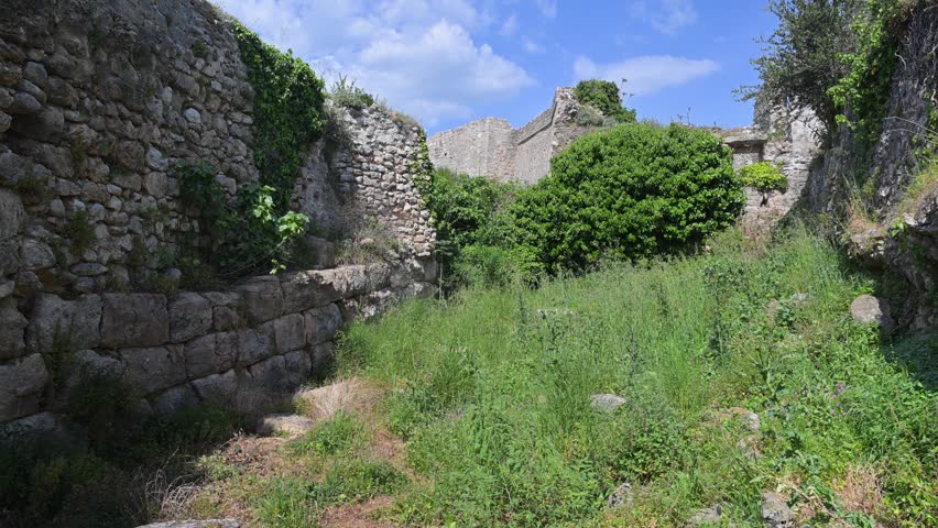Crumbling stone walls of the old town in Ulcinj, Montenegro overgrown with lush green vegetation under a sunny blue sky.