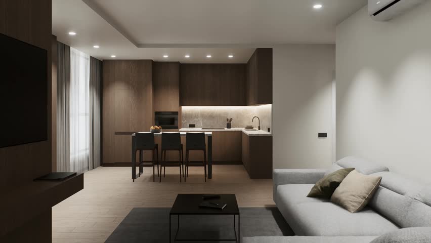 Late sequence interior frame shows empty modern studio apartment with living area in foreground, compact kitchen at back, warm recessed lighting, soft neutral. 3D Illustration