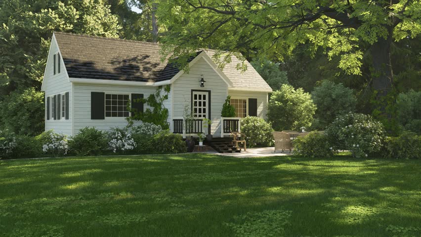 Middle frame shows white cottage centered within lush green yard, with front steps, shaded porch, leafy trees, bright lawn, and flowering shrubs creating. 3D Illustration