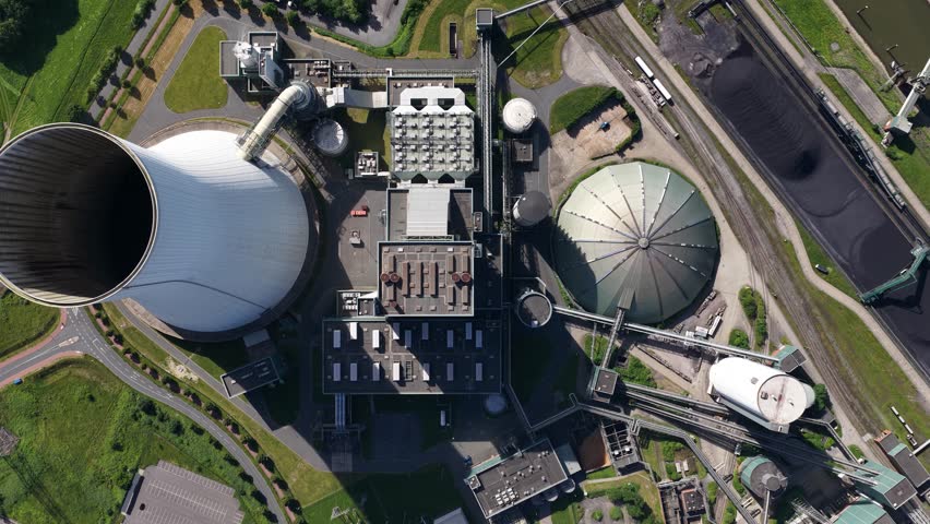 Top down aerial perspective showing the industrial complex of a coal fired power plant, including the large cooling tower, smoke stacks, storage tanks, and pipelines for energy generation