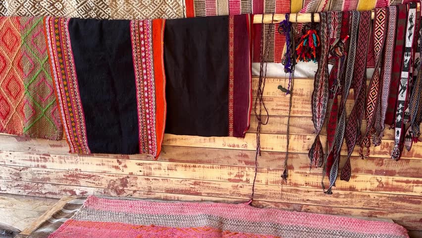 Peruvian woman artisan from Cuzco using a backstrap loom to create a colourful alpaca wool fabric