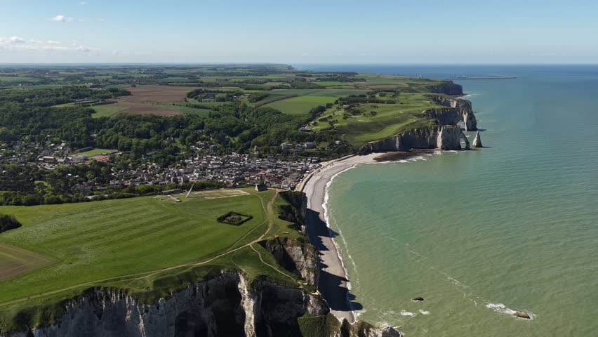 France Étretat cliffs in Normandy French coastline English Channel, aerial drone view