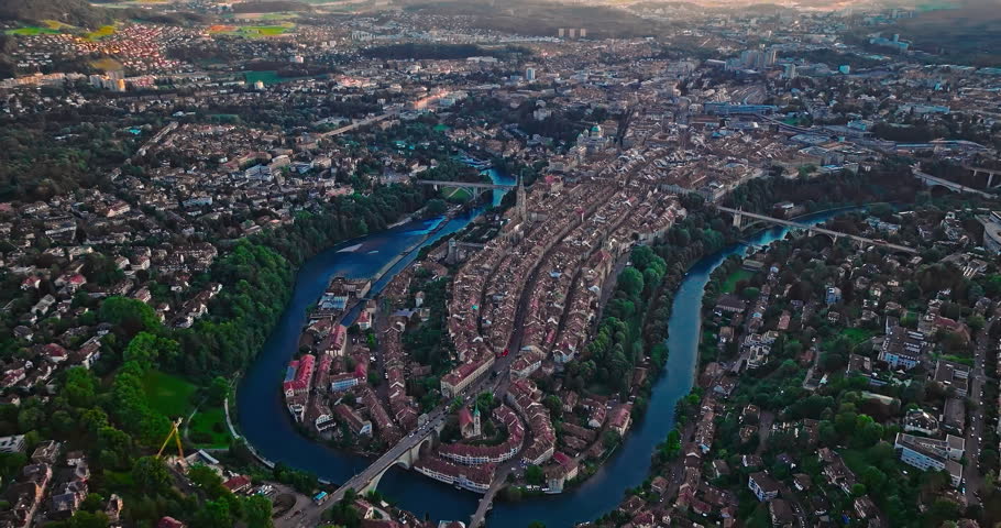 Aerial view over the city of Bern the capital city of Switzerland the historic district from above. Bern old town. The historic buildings in the city center