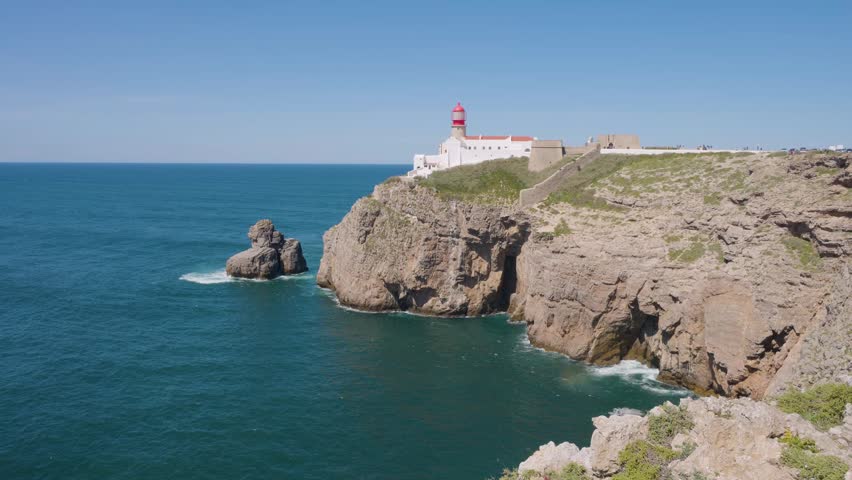View on the Lighthouse of Cape St. Vincent in Algarve, Portugal. Cape St. Vincent is the southwesternmost point of Portugal and of mainland Europe.