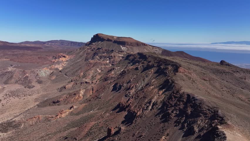 Aerial drone flight towards Mount Guajara ridge in Teide National Park, Tenerife, Canary Islands