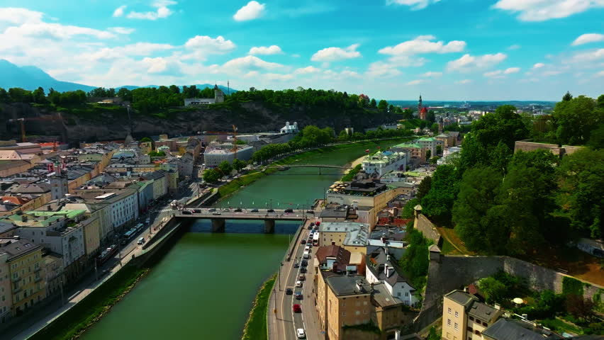 Aerial view of Austrian city of Salzburg is the birthplace of the famous composer Mozart