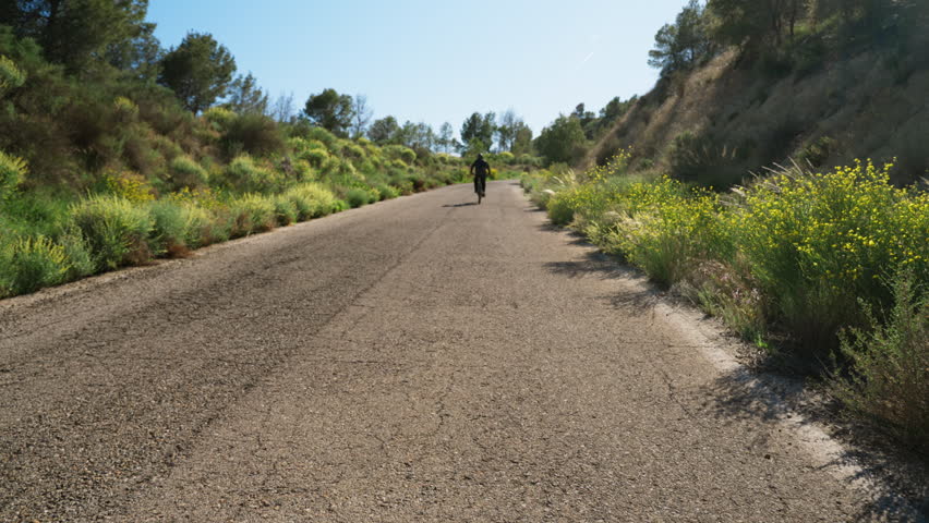 Cyclist riding along a peaceful green countryside road surrounded by lush vegetation. Concept of active lifestyle, cycling, outdoor fitness, eco-friendly transportation, adventure, and healthy living