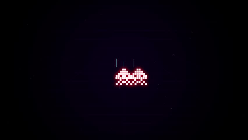 Retro 8-bit Pixel Alien Invader Moving Across Dark Digital Space