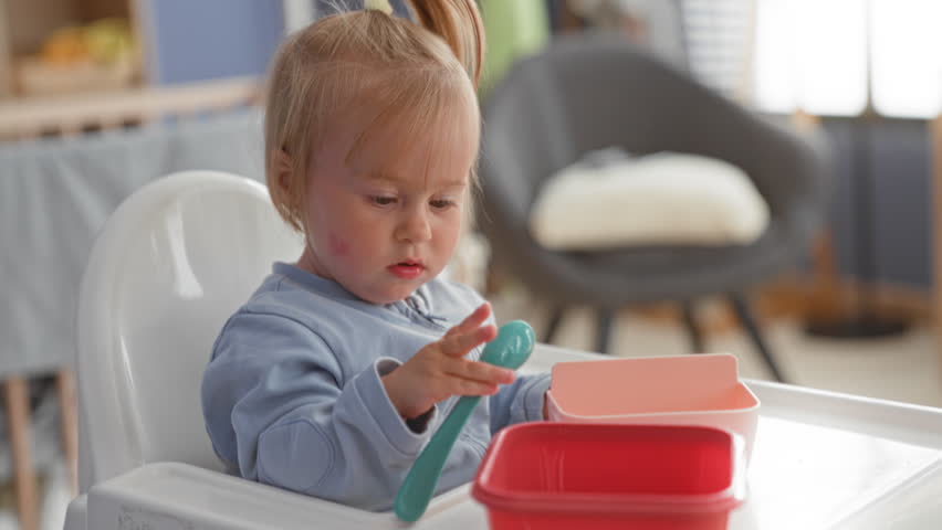 Girl eating with spoon, finger to mouth, seated in a highchair in building nursery area, with plastic bowl on tray; curiosity independence.