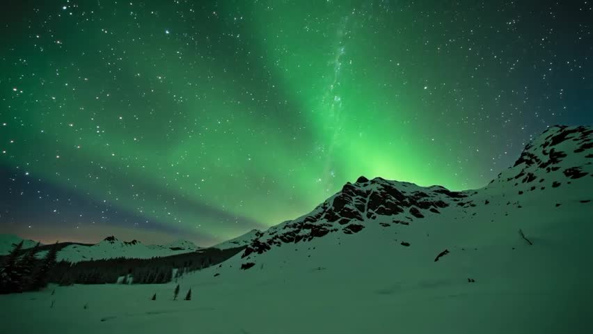 Northern Lights Dancing Above Snowy Mountains.