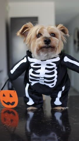 Yorkshire terrier dressed in a skeleton costume carrying a pumpkin basket