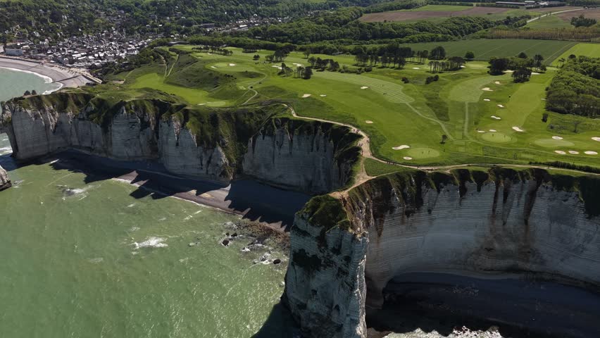 Normandy French coastline Étretat cliffs in France English Channel, drone view landscape