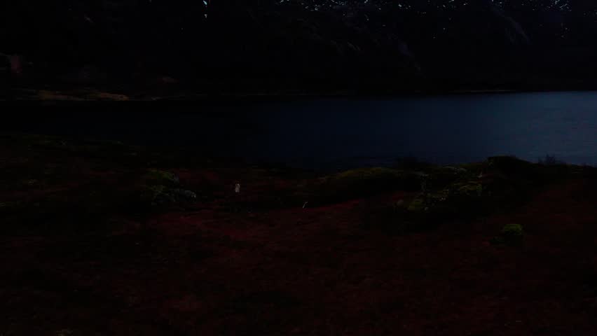 Wide aerial view of a figure walking on grassy terrain toward a fjord between mountains, flowing into open water under a partly cloudy sky with subtle red hues.